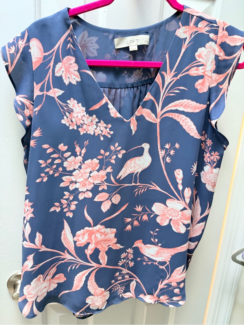 LOFT Navy Top with Pink Floral & Bird Print